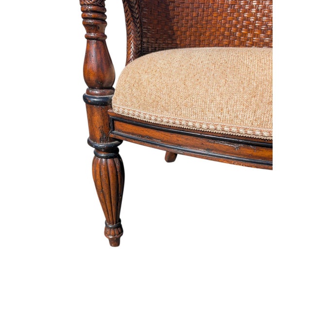 Late 20th Century Set of 4 Marge Carson British Colonial Woven Rattan Armchairs For Sale - Image 13 of 14