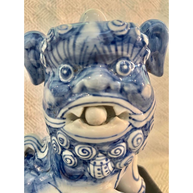 Vintage Chinese Chinoiserie Blue & White Porcelain Foo Dog Guardian Lion on Wood Stand For Sale In New Orleans - Image 6 of 12