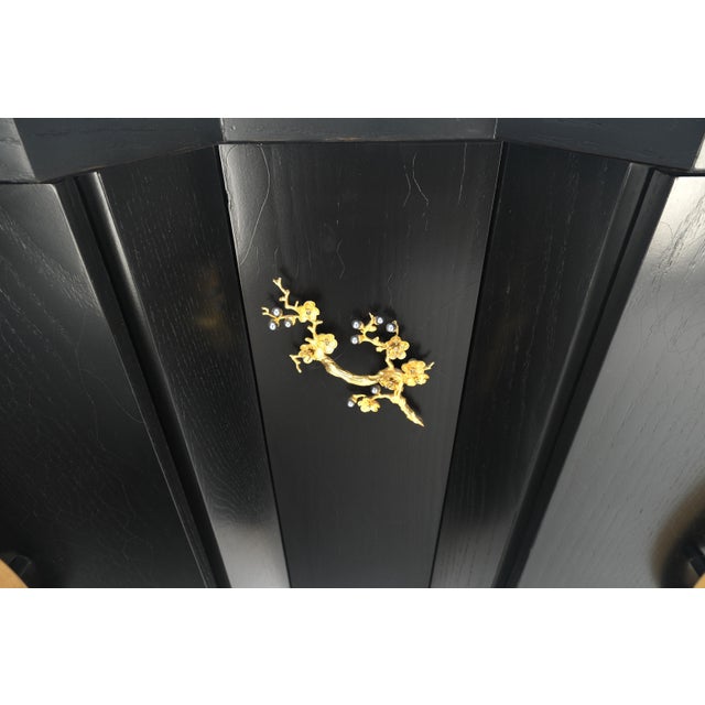 Large Asian Black Lacquer Large Carved Wood Door Pulls 8 Drawer Dresser Credenza For Sale - Image 16 of 17