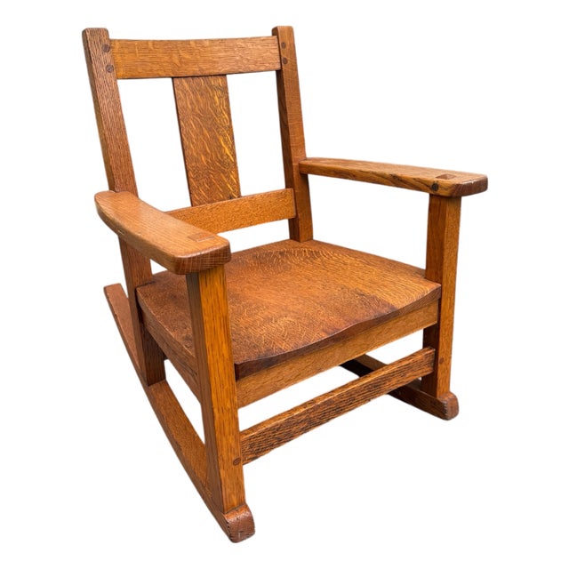 Signed Limbert Vintage Mission Oak Arts & Crafts Childs Rocking Chair For Sale