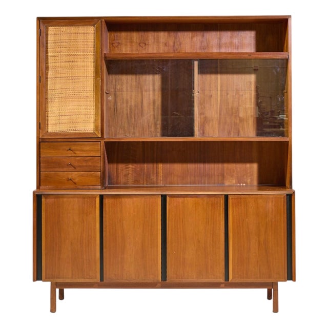 Dillingham Mid Century Walnut and Cane Sideboard Credenza and Hutch For Sale