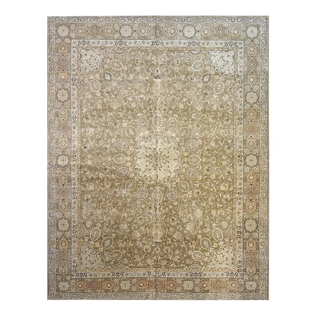Antique Persian Tabriz Wool 10x13 Ivory, Brown & Tan Handmade Area Rug #9902389 For Sale