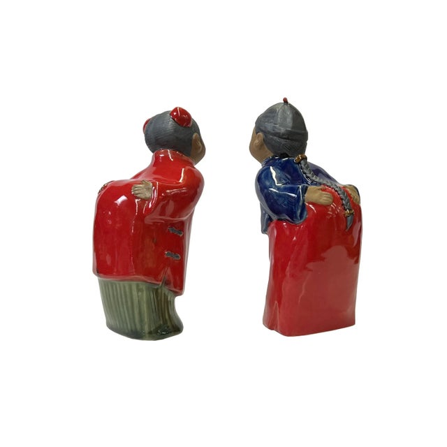 Pair Chinese Oriental Ceramic Traditional Happy Cute Couple Figures For Sale - Image 4 of 5