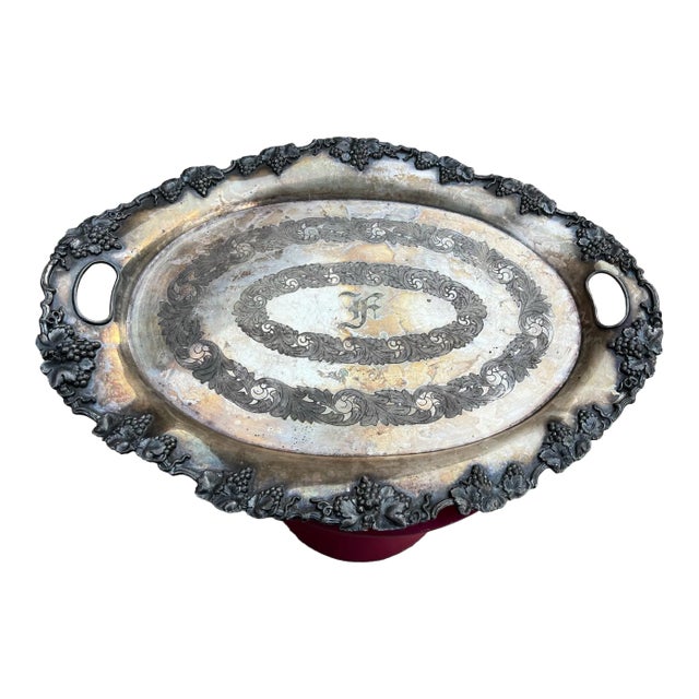 1970s Oversized Silver Plated Tray With Handles Monogrammed F For Sale