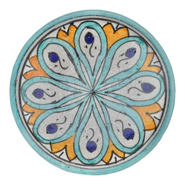 Antique Orange & Teal Andalusian-Patterned Ceramic Plate For Sale