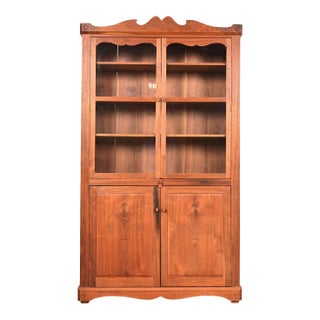 English Country Farmhouse Carved Walnut Bookcase Cabinet, 1970s For Sale