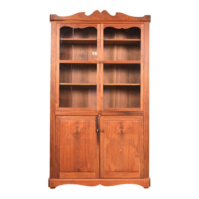 English Country Farmhouse Carved Walnut Bookcase Cabinet, 1970s For Sale