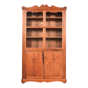 English Country Farmhouse Carved Walnut Bookcase Cabinet, 1970s