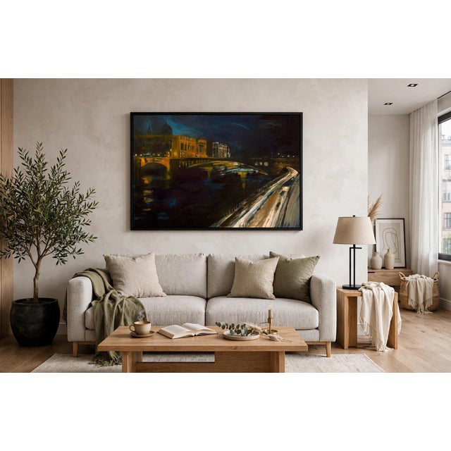 Giclee print on canvas limited edition. This is a moonlit nocturne of the Seine in Paris: an arched stone bridge spans the...