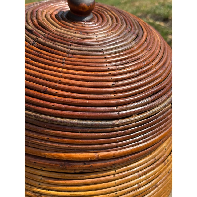 Large Vintage Crespi Style Pencil Reed Rattan Lidded Floor Basket For Sale - Image 9 of 11