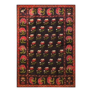 1900s Black Floral Antique Spanish Cuenca Alpujarra Rug 5'3" X 7'6" Handknotted Wool Carpet For Sale
