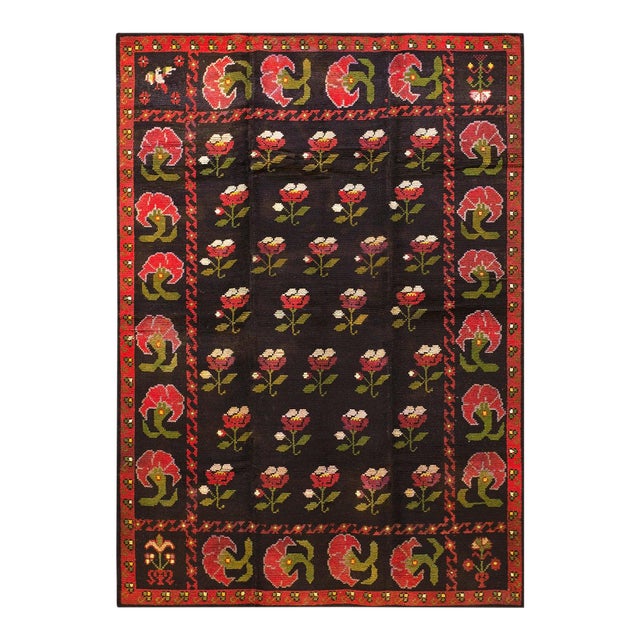 1900s Black Floral Antique Spanish Cuenca Alpujarra Rug 5'3" X 7'6" Handknotted Wool Carpet For Sale