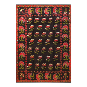 1900s Black Floral Antique Spanish Cuenca Alpujarra Rug 5'3" X 7'6" Handknotted Wool Carpet
