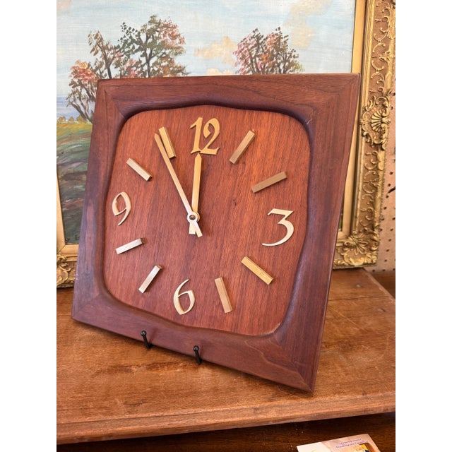 Mid-Century Modern Vintage Mid Century Modern Handmade Solid Wood Clock With Gold Colored Modified Serif Typeface For Sale - Image 3 of 7