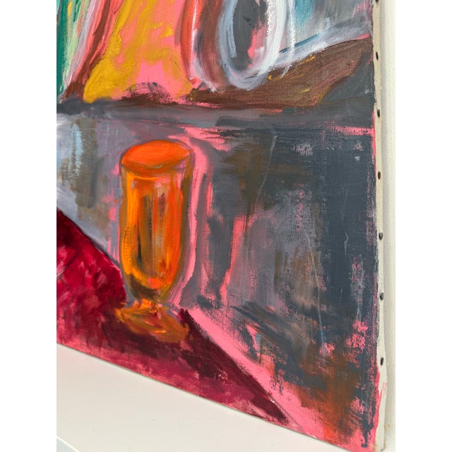 Vintage Monumental Abstract Modern Expressionism Still Life Original Oil Painting, Maroon, Mustard, Blue For Sale - Image 9 of 12