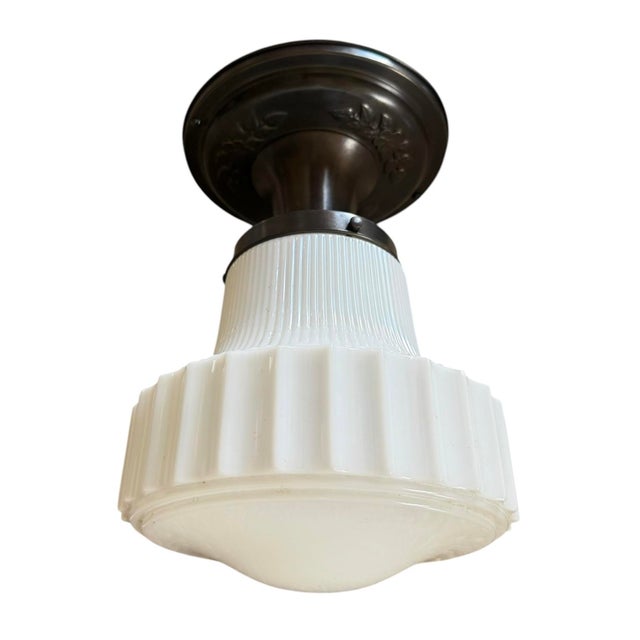 1920s Ribbed School House Style Light Fixture With Embossed Canopy For Sale In Los Angeles - Image 6 of 9