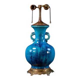 18th Century Chinese Peacock Blue Turquoise Porcelain Vase with Bamboo Plum Blossom Decoration as Lamp For Sale