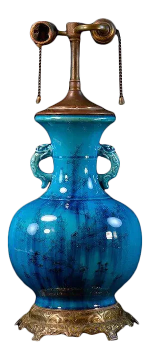 18th Century Chinese Peacock Blue Turquoise Porcelain Vase with Bamboo Plum Blossom Decoration as Lamp