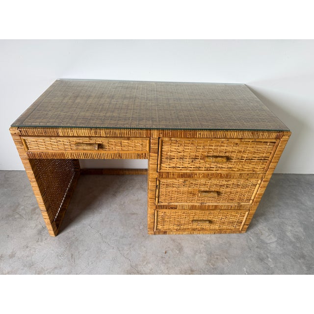 Wood 1970's Vintage Boho Coastal Wrapped Rattan Writing Desk For Sale - Image 7 of 18