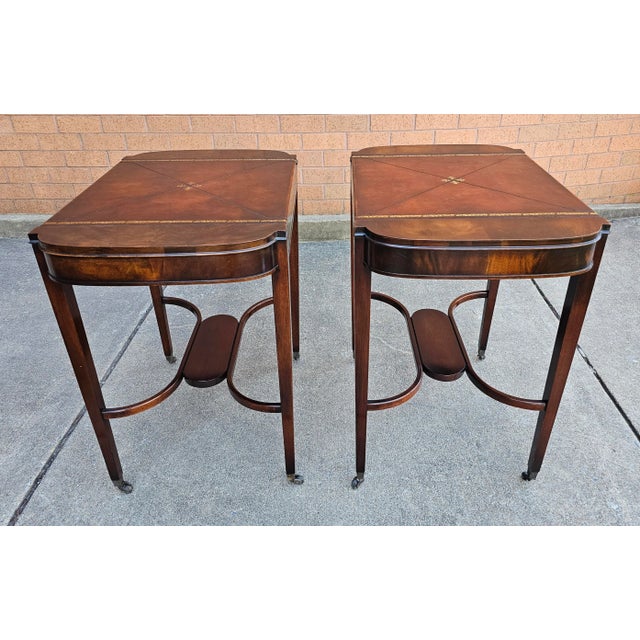 Pair Mid Century Regency Weiman Tooled Leather Top Mahogany Side Tables in great vintage condition.