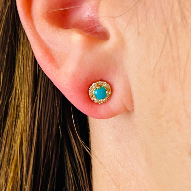Metal Natural Turquoise Diamond Stud Earrings 14k Yellow Gold 0.65 TCW Certified For Sale - Image 7 of 10