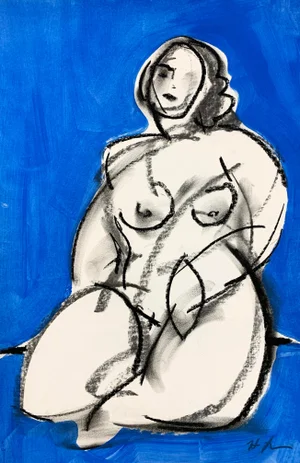 Contemporary Nude 'Ali in Blue I' Charcoal Drawing 12x18