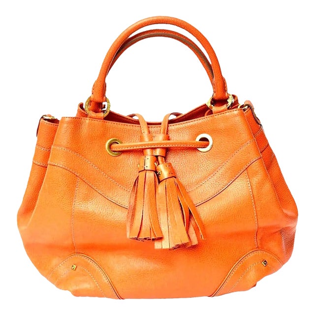 Vintage MCM Orange Leather and Gold Plated Tassel Hand Bag For Sale