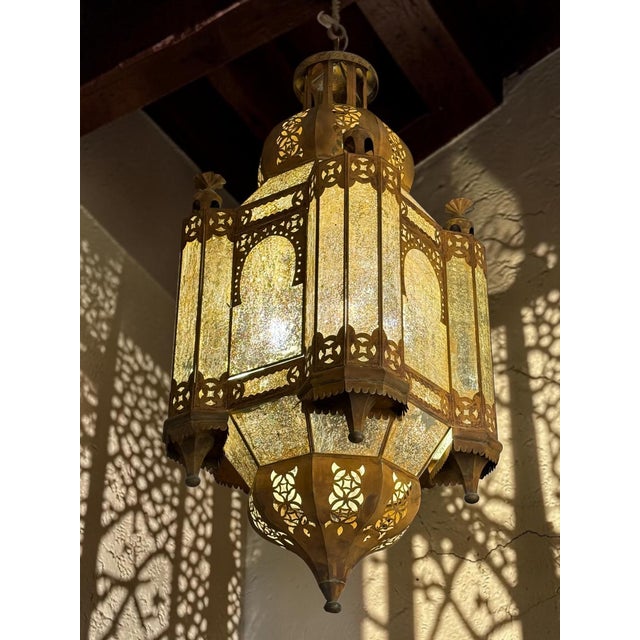 Monumental Arab-Moorish Hanging Lantern in Pierced Metal with Translucent Panels, 1920s For Sale - Image 4 of 5