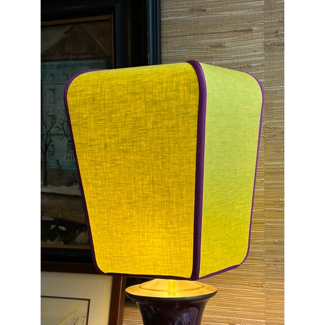 Autumn Green Lampshade With Plum Purple Trim For Sale - Image 4 of 5