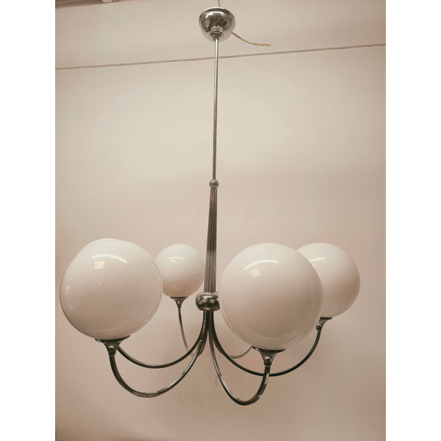 Metal 6-Light Chrome Chandelier with Glossy White Sphere Glasses, 1980s For Sale - Image 7 of 18