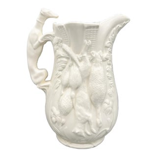 Vintage Cream Ceramic Game Bird Pitcher With Dog Handle — Rustic European / English Sporting For Sale