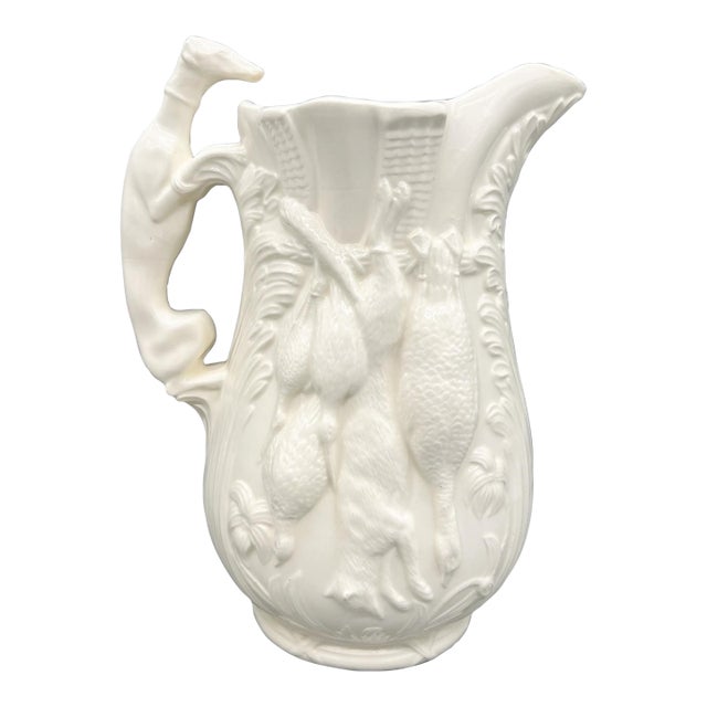 Vintage Cream Ceramic Game Bird Pitcher With Dog Handle — Rustic European / English Sporting For Sale