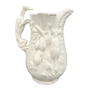 Vintage Cream Ceramic Game Bird Pitcher With Dog Handle — Rustic European / English Sporting