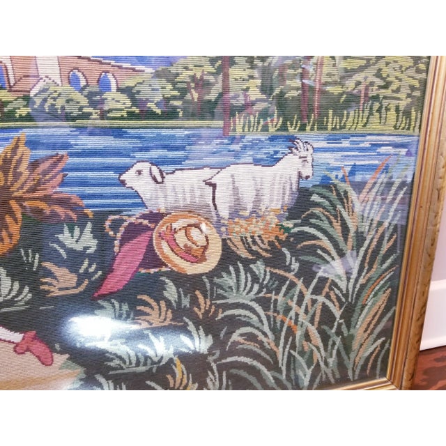 Green Vintage Extra Large Giltwood Framed Colorful 18th Century Scene Needlepoint For Sale - Image 8 of 10