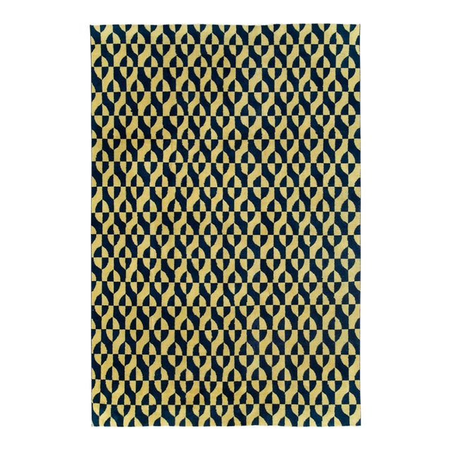 Galerie Shabab Collection Mid-20th Century Handmade Turkish Art Deco Accent Rug in Yellow and Blue For Sale