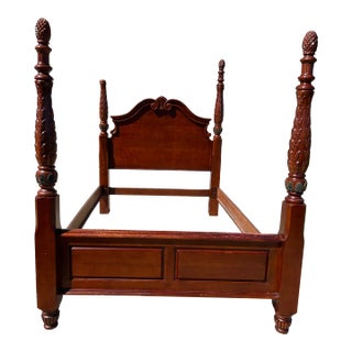 Late 20th Century Vintage Carved Solid Mahogany Queen Size 4 Poster Bed With Arched Shell Headboard and Ebony and Gilt Shell Post Details For Sale