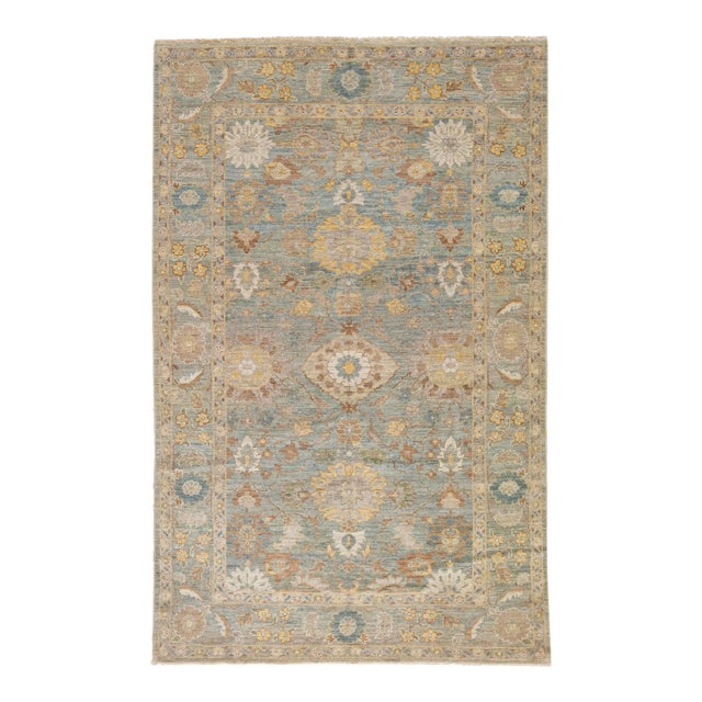Early 21st Century Floral Modern Sultanabad Handmade Blue Wool Rug For Sale
