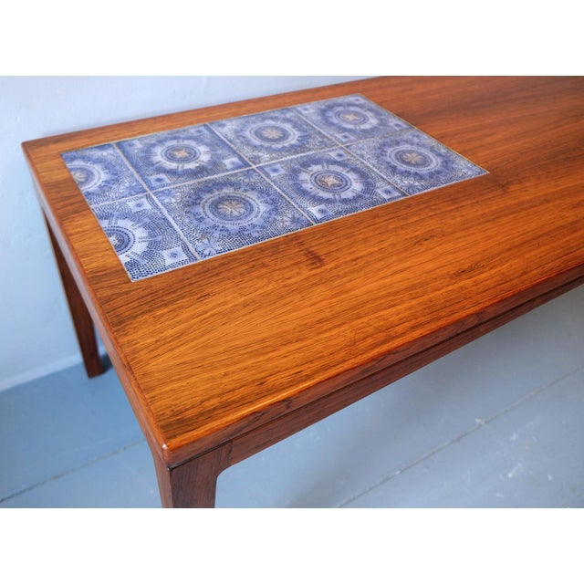 Rosewood Coffee Table with Blue Ceramic Tiles, Denmark, 1960s For Sale - Image 5 of 15