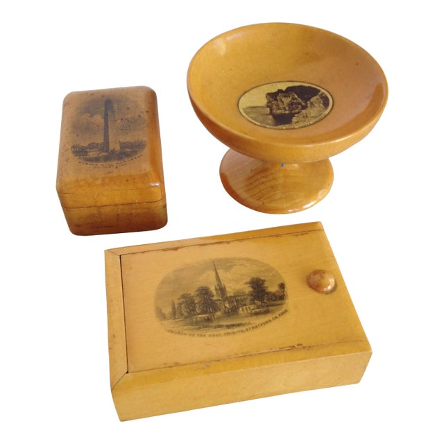 Antique Mauchline Ware Treen Souvenir Set Bunker Hill, Stratford, Giant's Causeway For Sale