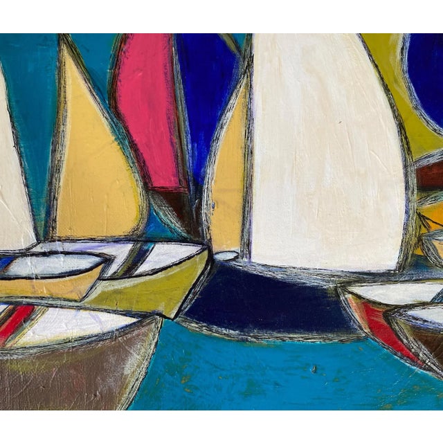 Textile Acrylic on Canvas Titled Los Barcos Signed Yjr 14" H For Sale - Image 7 of 11