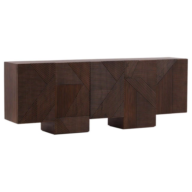 Modern solid acacia wood four door sideboard with beautiful dark walnut brown stain. Geometric carved lines create an...