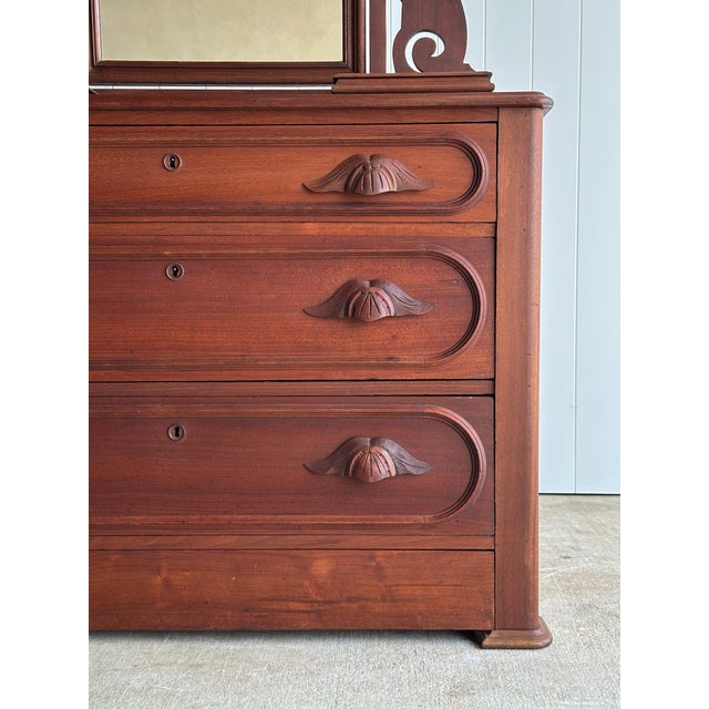 Wood Antique Walnut Dresser With Arched Mirror and Carved Crest For Sale - Image 7 of 18
