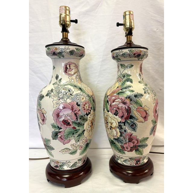 Vintage Ceramic Vase Lamps With Elegant Floral Design on Wood Plinths- A Pair For Sale In West Palm - Image 6 of 15