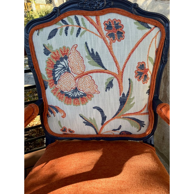 Wood Hand-Painted French Provincial Armchair - Navy Blue & Orange Velvet - Whimsical Floral Reupholstered Accent Chair For Sale - Image 7 of 14