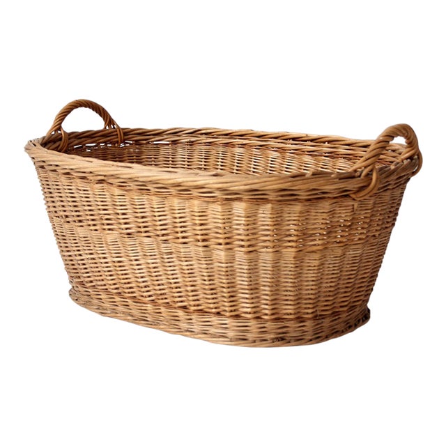 Antique Wicker Laundry Basket With Handles For Sale