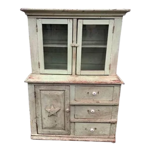 Early 20th Century Antique Early American Folk Art Primitive Stepback Cupboard in Green Paint With Star Motif 40'' Tall
