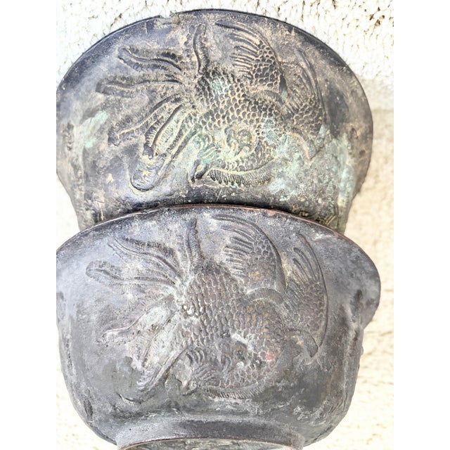 Antique Chinese Pair of Apocryphal Qing Dynasty Bronze Dragon Phoenix Fish Bowls For Sale - Image 12 of 12