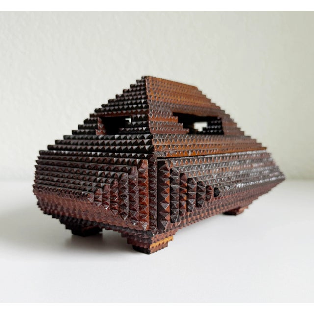 Coffee Antique Tramp Art Pyramid Footed Box, Early 20th Century For Sale - Image 8 of 12