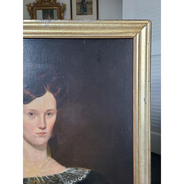 Antique 19th Century American Folk Art Oil Painting Portrait of a Woman in Black For Sale - Image 11 of 17