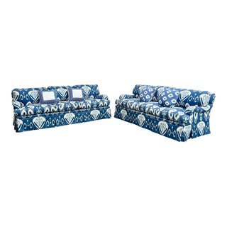 Late 20th Century Custom Traditional English Rolled Arm Coastal Chic Three Seat Sofas - Set of 2 For Sale